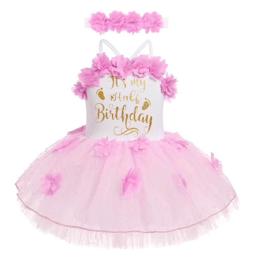 NWT ODASDO Baby Girl 1/2 Birthday Dress w Floral Headband Pink & White Size 3-6M